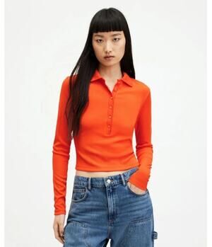 AllSaints Hallie Long Sleeve Ribbed Polo Shirt, Size 4